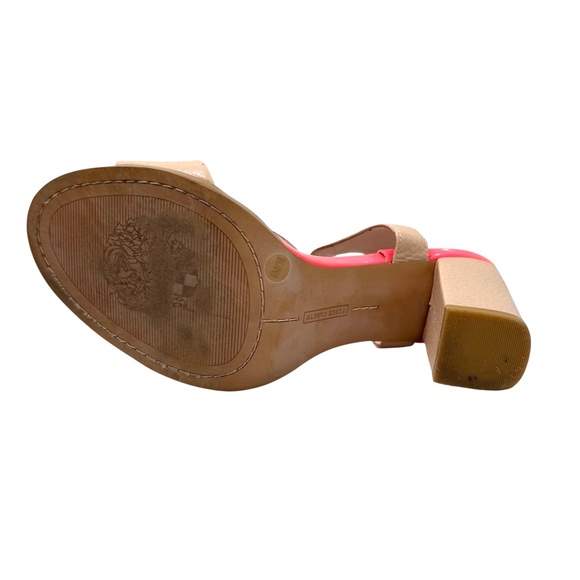 VINCE CAMUTO BEIGE & HOT PINK NOVASI BLOCK HEEL T STRAP SANDAL - Picture 5 of 16